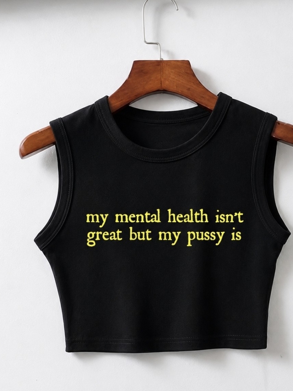 Black Graphic Cropped Tank Top with Yellow Text